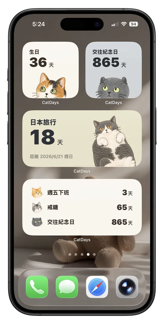 CatDays 倒數小工具放在 iPhone 主畫面的各種尺寸