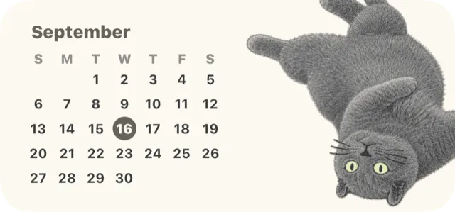 Calendar Home Screen widget: the date and month with a cat illustration