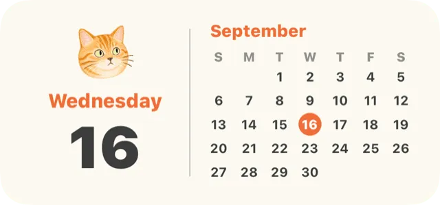 Calendar Home Screen widget: the date and month with a cat illustration