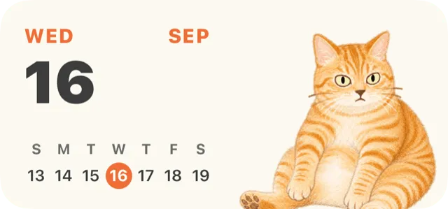 Calendar Home Screen widget: the date and month with a cat illustration