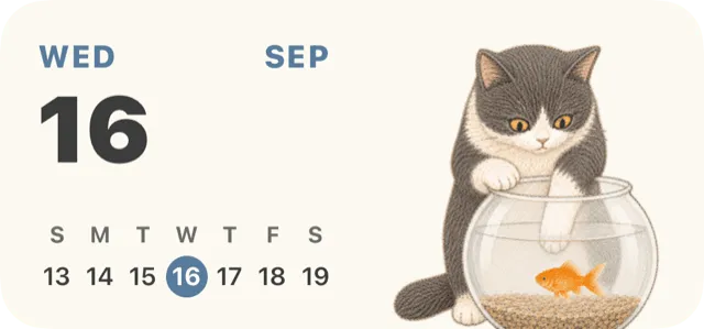 Calendar Home Screen widget: the date and month with a cat illustration